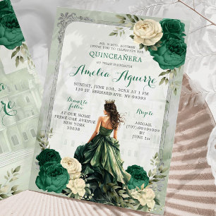 Invitation Silver Emerald Green Castle Princess Quinceañera