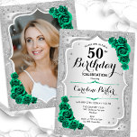 Invitation Silver Emerald Green Photo 50th Birthday<br><div class="desc">Elégante invitation à 50e anniversaire fleurie avec votre photo au verso de la carte. Design de glam avec fausse parties scintillant argent. Comprend des rayures argentées, des roses vert émeraude, des caractères de script et des confettis. Parfait pour une fête anniversaire adulte élégante. Personnalisez avec vos propres détails. Peut être...</div>
