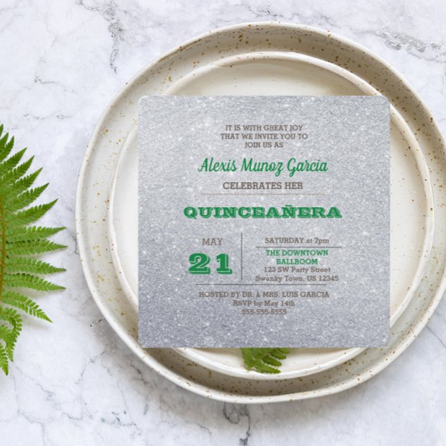 Invitation Silver & Emerald Green Sparkly Quinceañera (Créateur téléchargé)