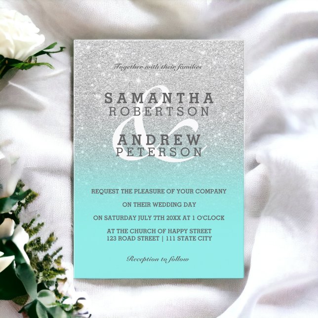Invitation Silver faux parties scintillant turquoise ombre ma (Silver faux glitter teal ombre wedding custom invitation)