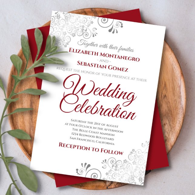 Invitation Silver Filigree Élégant Simple Mariage rouge et bl (Créateur téléchargé)