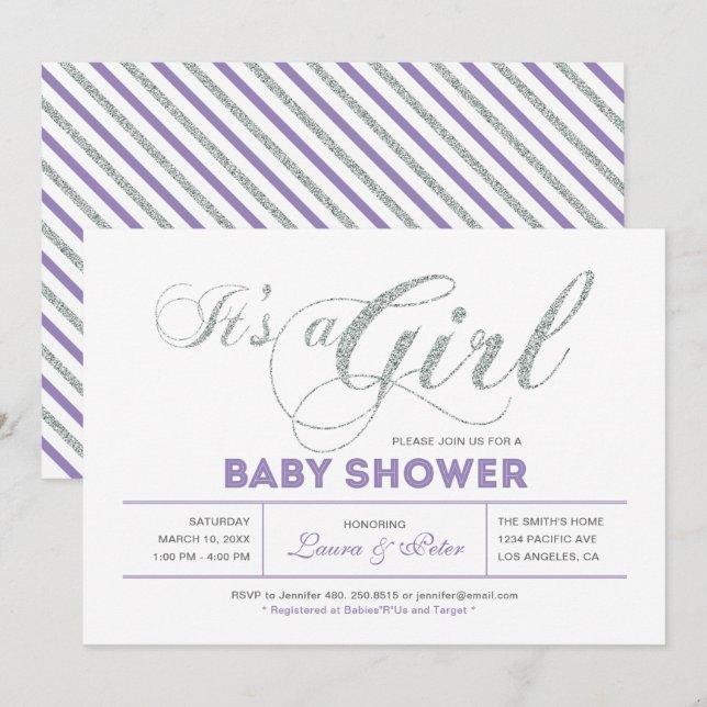 Invitation Silver | Fille, typographie moderne Baby Shower (Devant / Derrière)