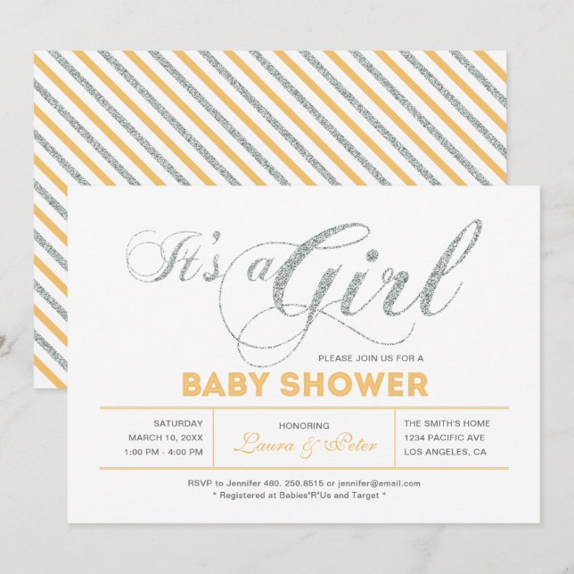 Invitation Silver | Fille, typographie moderne Baby Shower (Devant / Derrière)