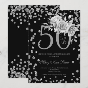 Invitation Silver Floral & Confetti 50e Anniversaire Fête Noi
