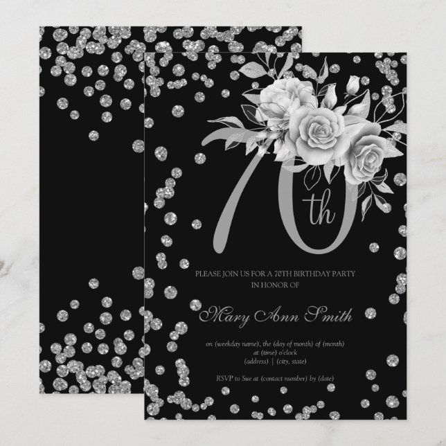 Invitation Silver Floral & Confetti 70e Anniversaire Fête Noi (Devant / Derrière)