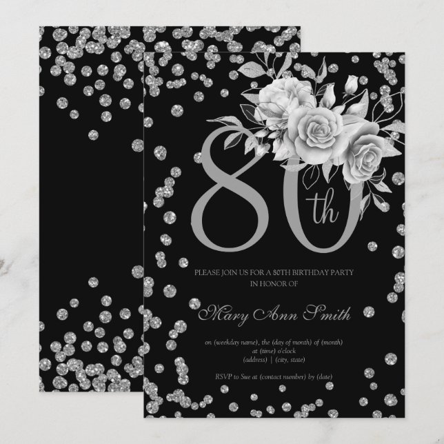 Invitation Silver Floral & Confetti 80e anniversaire fête Noi (Devant / Derrière)