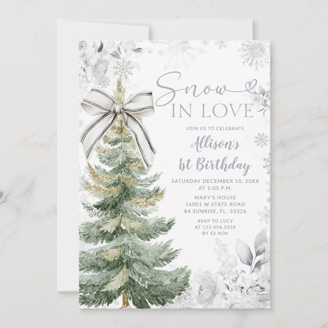 Invitation Silver Floral Snow In Love Christmas Tree Birthday (Devant)