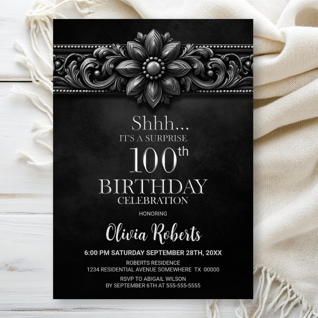 Invitation Silver Flower Black Surprise 100th Birthday Party (Créateur téléchargé)