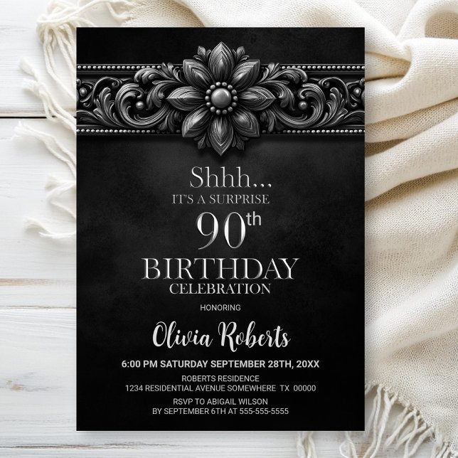 Invitation Silver Flower Black Surprise 90th Birthday Party (Créateur téléchargé)
