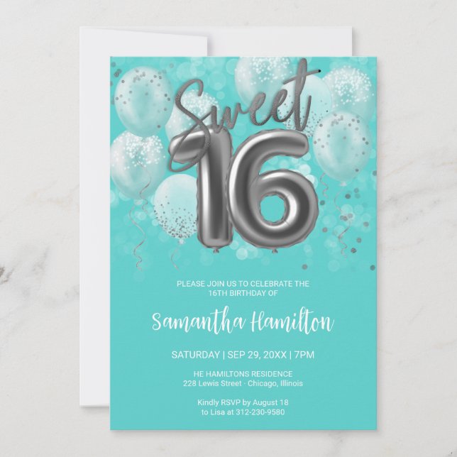 Invitation Silver Foil Sweet 16 Anniversaire Balloons Party T (Devant)