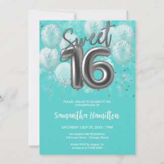 Invitation Silver Foil Sweet 16 Anniversaire Balloons Party T