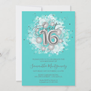 Invitation Silver Foil Sweet 16 Anniversaire Balloons Party T