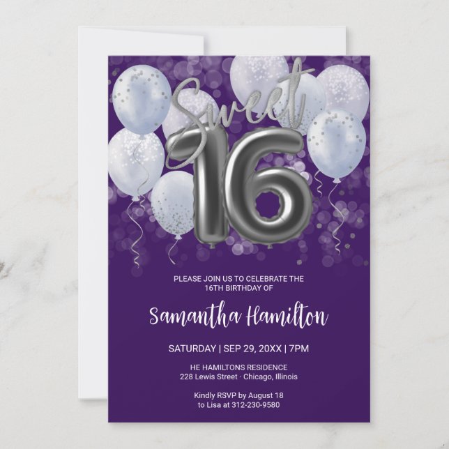 Invitation Silver Foil Sweet 16 Anniversaires Ballons Party P (Devant)