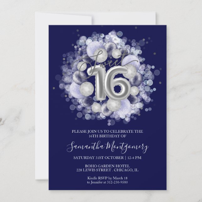 Invitation Silver Foil Sweet 16 Ballons Anniversaires Royal B (Devant)