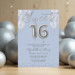 Invitation Silver Foil Sweet 16 Ballons d'anniversaire Bleu