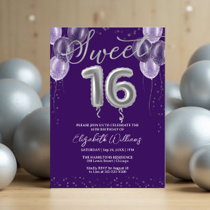 Invitation Silver Foil Sweet 16 Ballons d'anniversaire violet