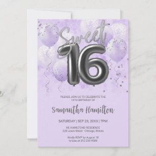 Invitation Silver Foil Sweet 16 Balloons d'anniversaire Lavan