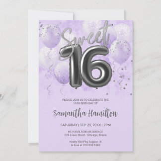 Invitation Silver Foil Sweet 16 Balloons d'anniversaire Lavan