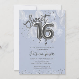 Invitation Silver Foil Sweet 16 Balloons Party Dusty Blue