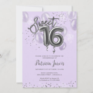 Invitation Silver Foil Sweet 16 Balloons Party Lavender