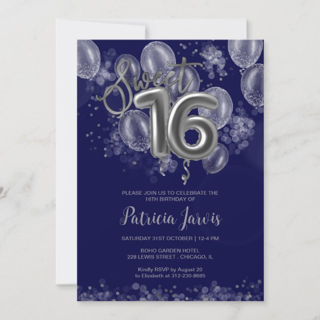 Invitation Silver Foil Sweet 16 Balloons Party Royal Blue (Devant)