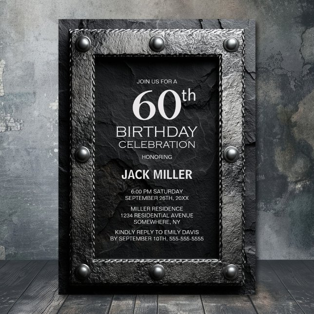 Invitation Silver Frame Black Slate 60th Birthday Party (Créateur téléchargé)