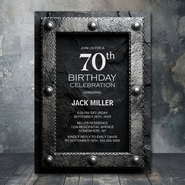 Invitation Silver Frame Black Slate 70th Birthday Party (Créateur téléchargé)