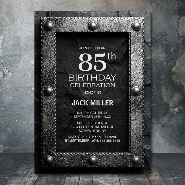 Invitation Silver Frame Black Slate 85th Birthday Party (Créateur téléchargé)