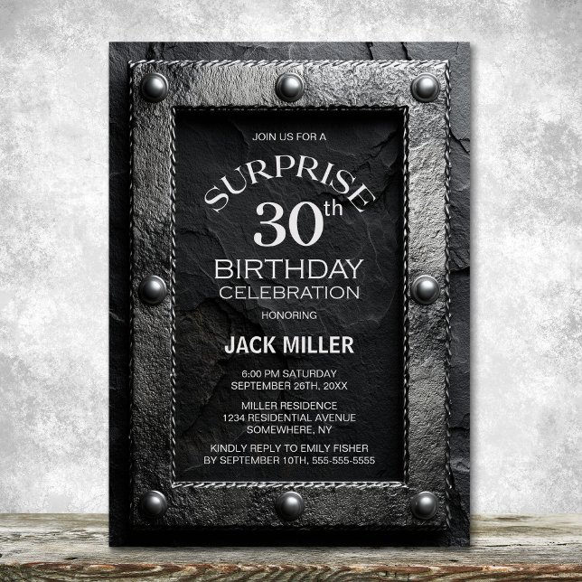 Invitation Silver Frame Black Slate Surprise 30th Birthday (Créateur téléchargé)