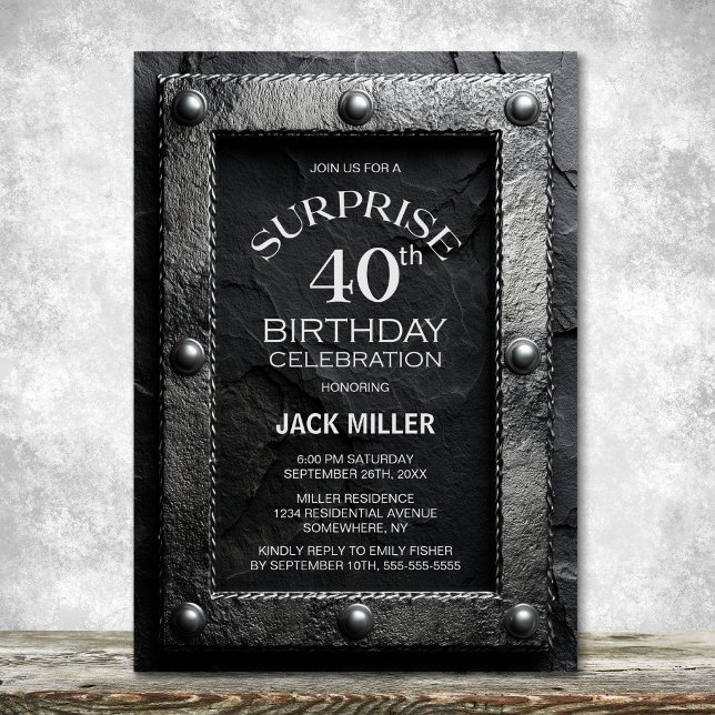 Invitation Silver Frame Black Slate Surprise 40th Birthday (Créateur téléchargé)
