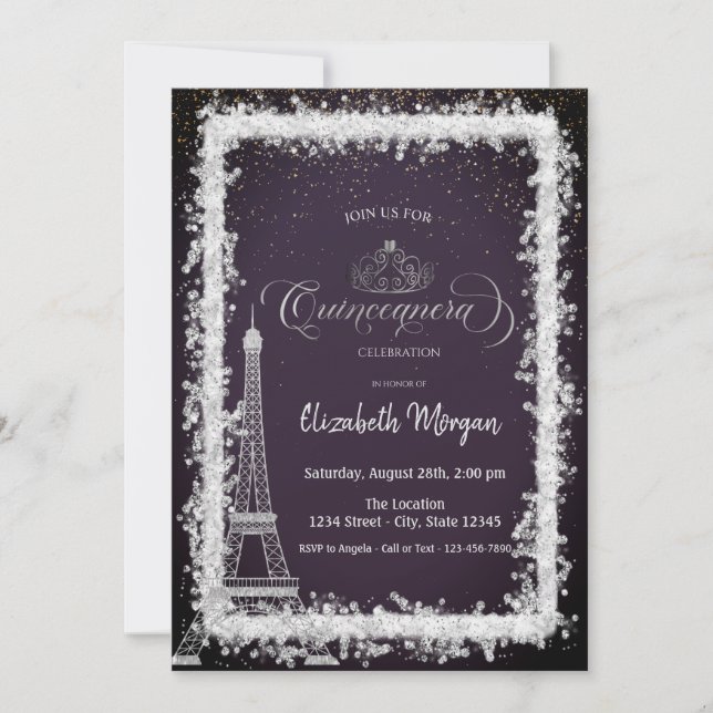 Invitation Silver Frame Eiffel Tower Dark Purple Quinceanera (Devant)