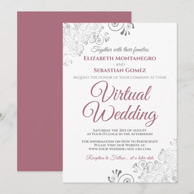 Invitation Silver Frills Dusty Rose et Mariage virtuel blanc (Devant / Derrière)