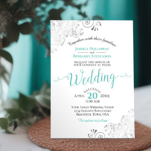 Invitation Silver Frills Elegant Aqua Cyan sur Mariage blanc