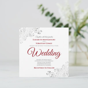 Invitation Silver Frills Élégant Carré rouge et blanc Mariage