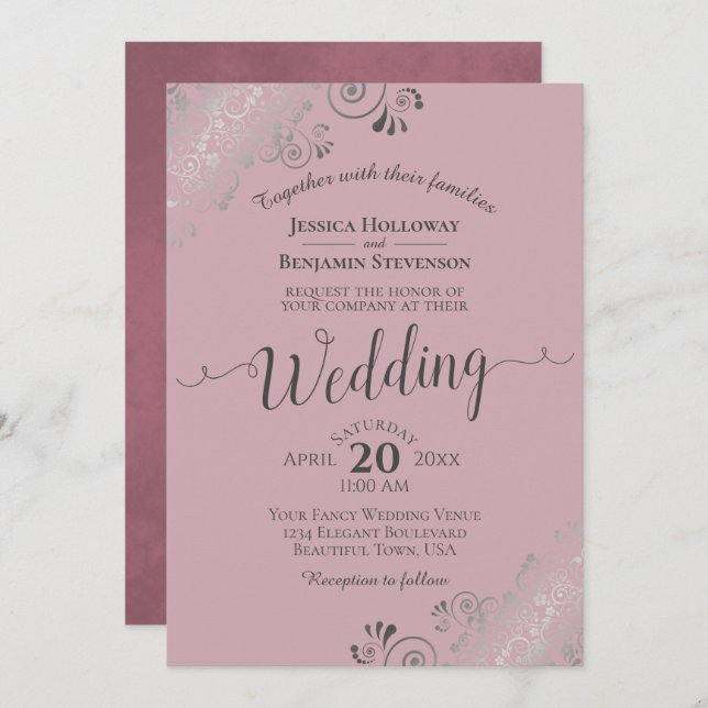 Invitation Silver Frills Elegant Dusty Rose Mauve Mariage (Devant / Derrière)