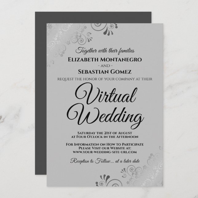 Invitation Silver Frills Elegant Grey Mariage virtuel (Devant / Derrière)