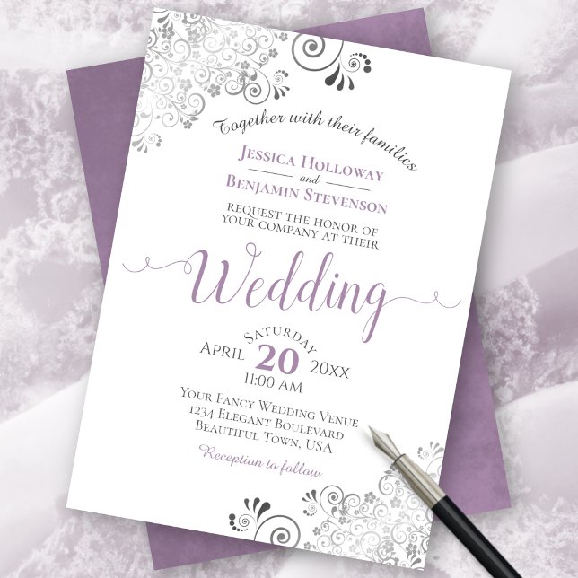 Invitation Silver Frills Élégant Lavande sur Mariage blanc (Créateur téléchargé)