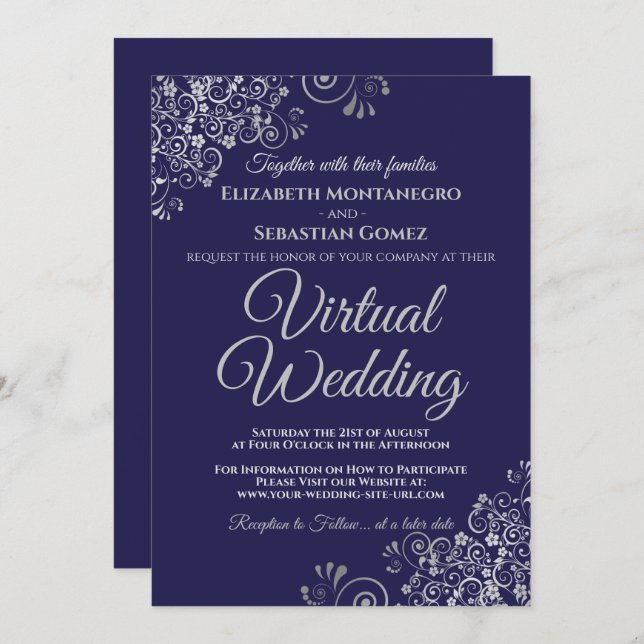 Invitation Silver Frills Elegant Navy Blue Virtual Mariage (Devant / Derrière)