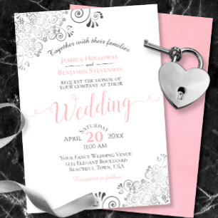 Invitation Silver Frills Elegant Pink & Gray on White Wedding