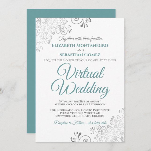 Invitation Silver Frills Elegant Turquoise & Blanc Mariage vi (Devant / Derrière)