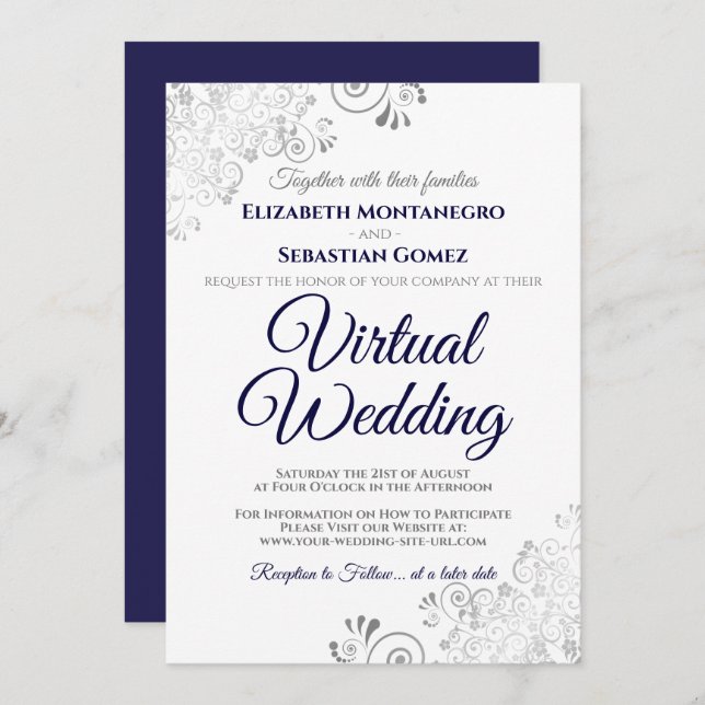 Invitation Silver Frills Marine Blue & White Mariage virtuel (Devant / Derrière)