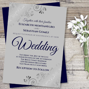 Invitation Silver Frills Navy Blue sur Grey Mariage