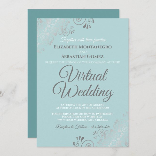 Invitation Silver Frills Pale Turquoise et gris Mariage virtu (Devant / Derrière)