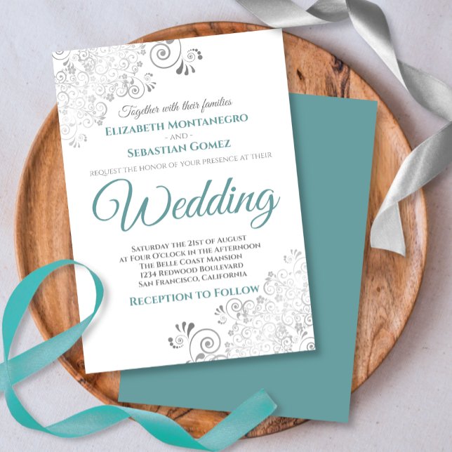 Invitation Silver Frills Simple Chic Turquoise et Grey Mariag (Créateur téléchargé)