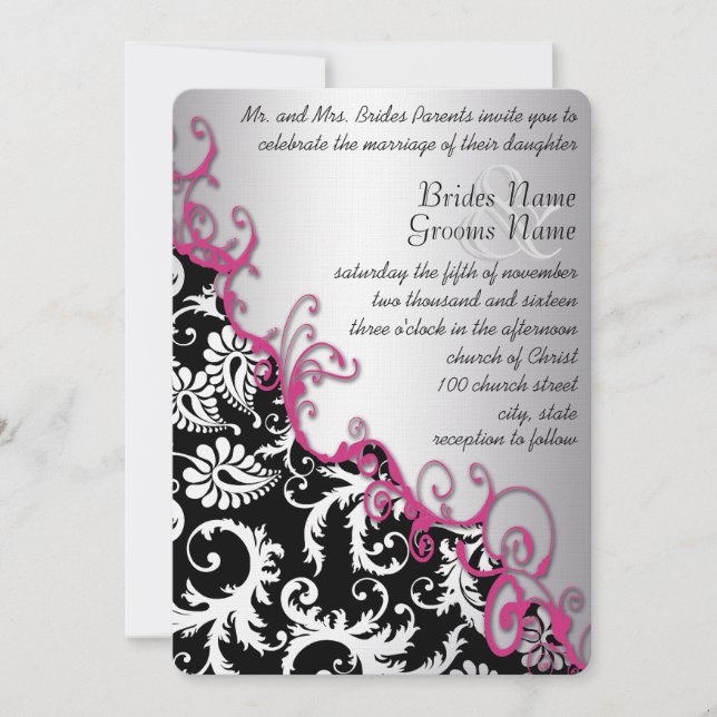 Invitation Silver & Fuchsia Vintage Damask Romantic Swirl (Devant)