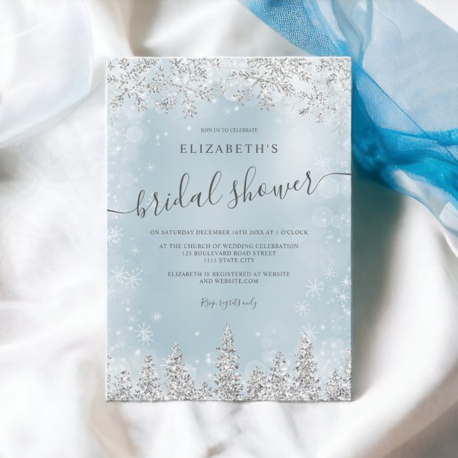 Invitation Silver glace bleu neige de pin nuptiale d'hiver (Silver ice blue snow pine winter bridal shower invitation)