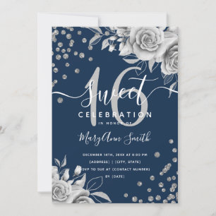Invitation Silver Glam Floral Parties scintillant Sweet sixte