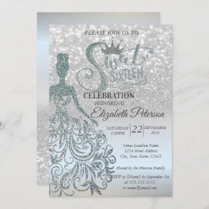 Invitation Silver Glitter Bokeh Ombre, Dress,Tiara,Sweet 16