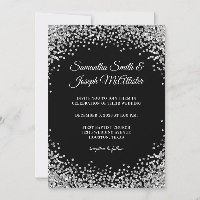 Invitation Silver Glitter Border Black Wedding (Devant)