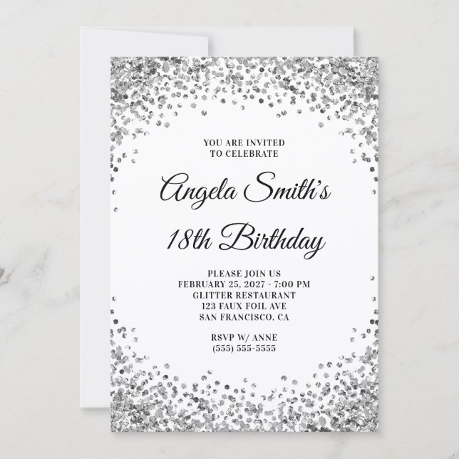 Invitation Silver Glitter Border White 18th Birthday (Devant)